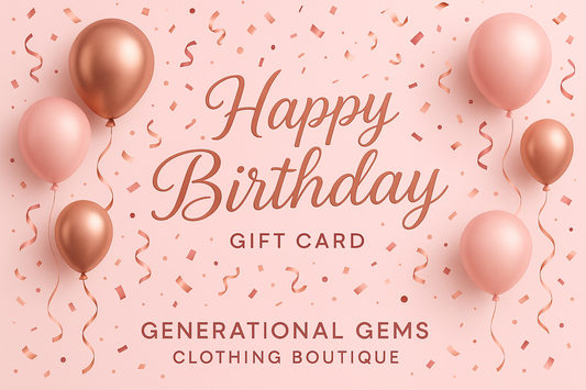 Generational Gems happy birthday pink gift card design with ballons, confetti 