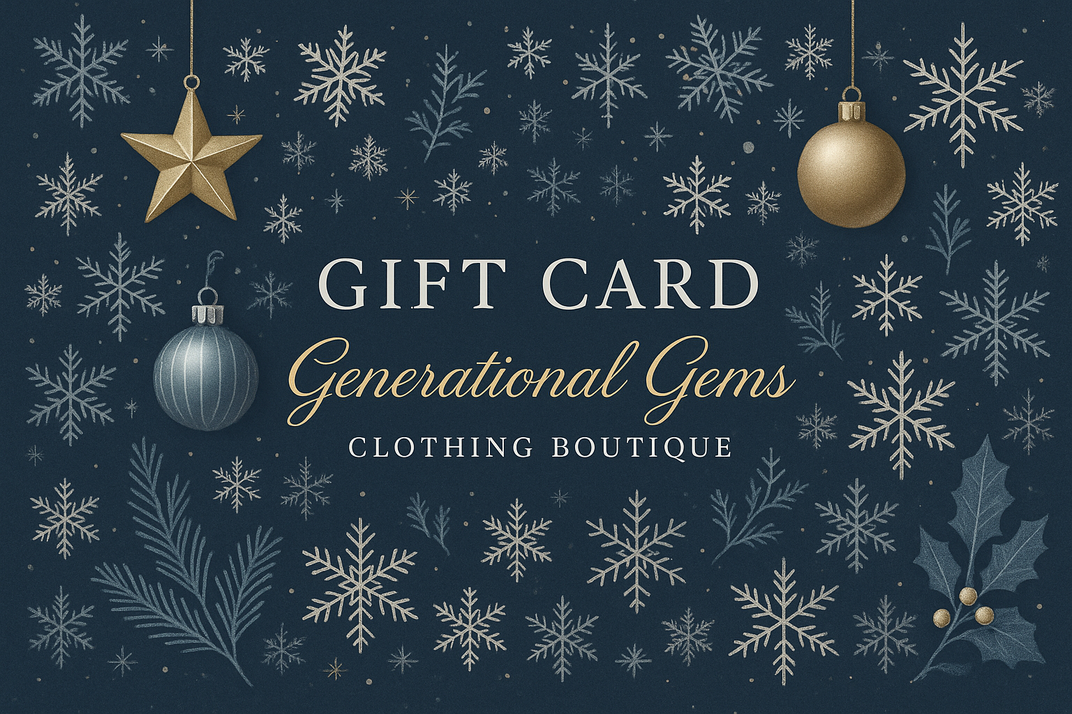 Generational Gems Holiday-themed gift card design (winter colors, snowflakes, ornaments, or seasonal elements)