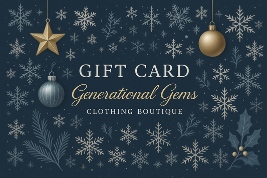 Generational Gems Holiday-themed gift card design (winter colors, snowflakes, ornaments, or seasonal elements)